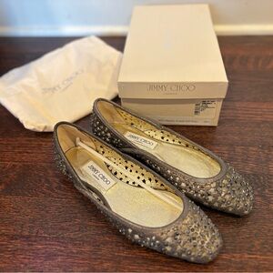 Jimmy Choo Wray Ballet Flats Metallic Grey Crystal Laser Cut Size 38.5